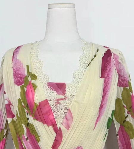 Printing Spliced Ruffles Folds Elegant Dresses for Women V Neck Long Sleeves High Waist Patchwork Lace Dress Female