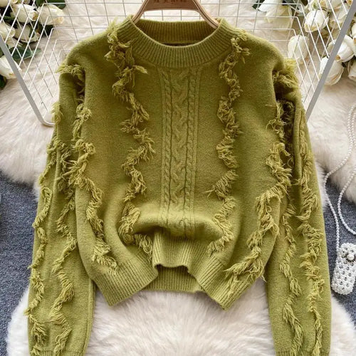 Load image into Gallery viewer, Autumn Winter Solid Loose Tassel Sweater Women Knitted Round Neck Pullover Women Long Sleeve Korean Version Warm Female Tops Y2k
