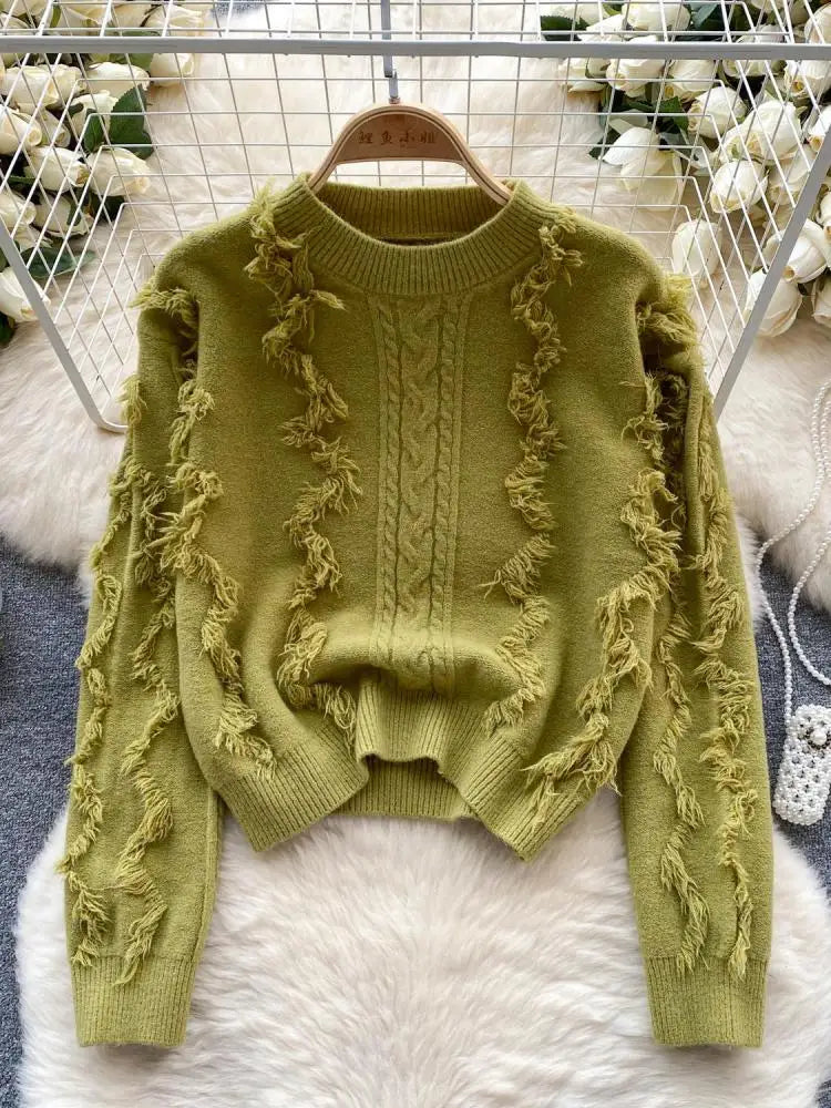 Autumn Winter Solid Loose Tassel Sweater Women Knitted Round Neck Pullover Women Long Sleeve Korean Version Warm Female Tops Y2k
