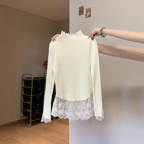 Load image into Gallery viewer, Retro Korean Version Women Sweet Solid Patchwork Lace Elegant Knitted Half High Neck Sweater Autumn Winter Slim Pullovers Tops
