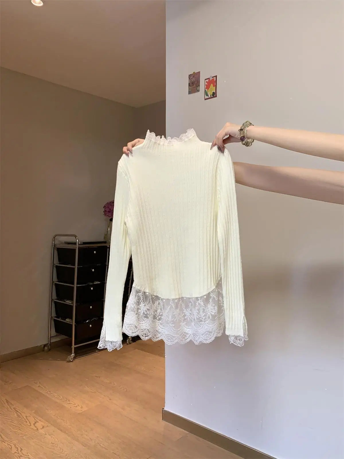 Retro Korean Version Women Sweet Solid Patchwork Lace Elegant Knitted Half High Neck Sweater Autumn Winter Slim Pullovers Tops