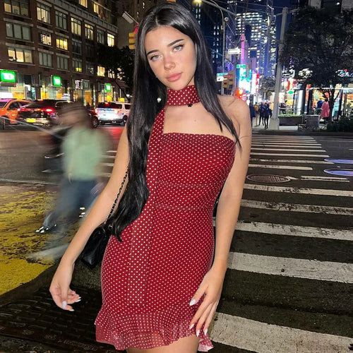 Load image into Gallery viewer, Scarf Collar Polka Dot Mini Dress Women Robe Fashion Off-shoulder Backless Sleeveless Ruffled Club Party Dress Vestido
