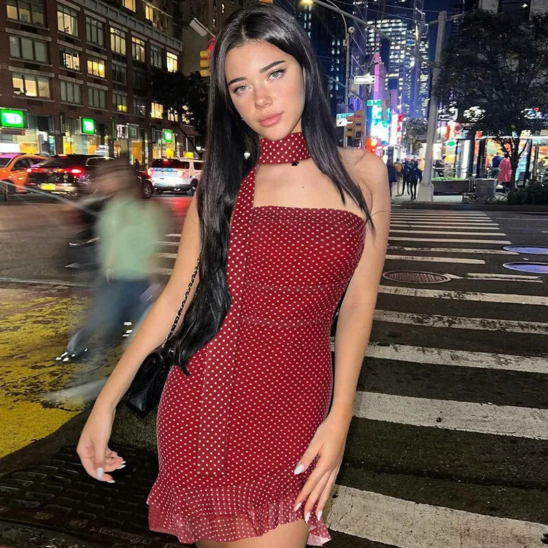 Scarf Collar Polka Dot Mini Dress Women Robe Fashion Off-shoulder Backless Sleeveless Ruffled Club Party Dress Vestido