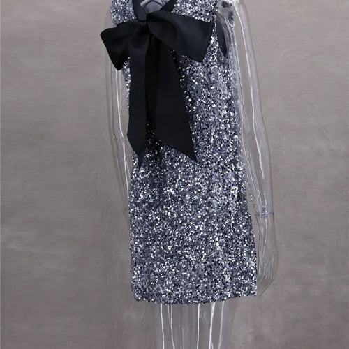 Load image into Gallery viewer, Sequins Backless Bow Sexy Mini Dress For Women Robe 2025 New Sleeveless A-line Sparkle Club Dress Elegant Vestido
