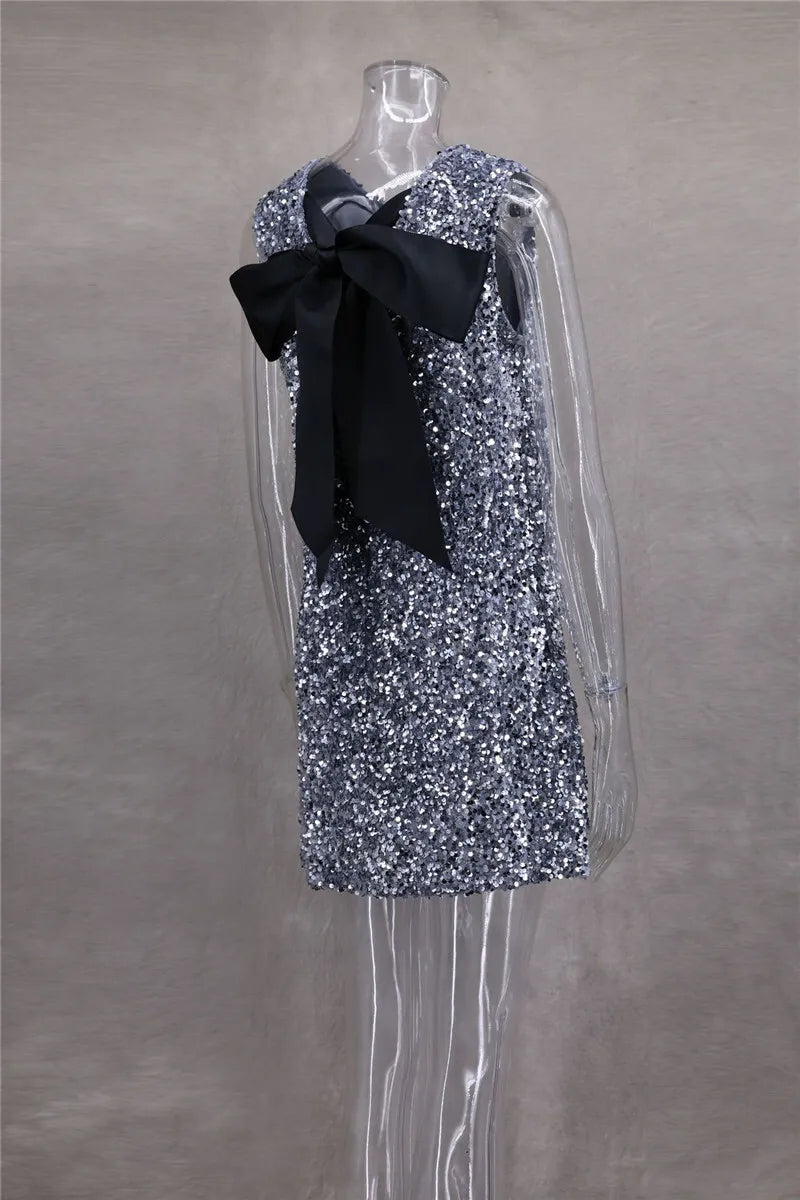 Sequins Backless Bow Sexy Mini Dress For Women Robe 2025 New Sleeveless A-line Sparkle Club Dress Elegant Vestido