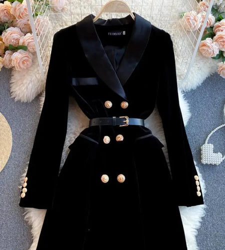 Women Black Velvet Work Style Blazer Short Dresses Autumn Winter Double Breasted Slim Long Sleeve Mini Dress Ladies Street Trend