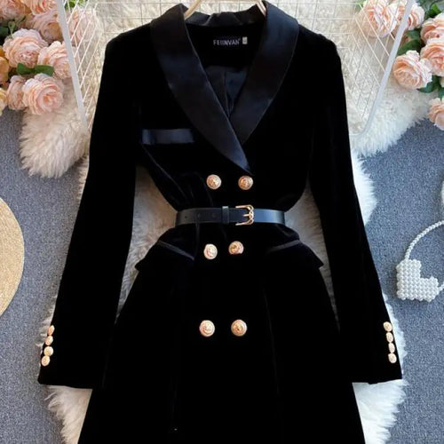 Load image into Gallery viewer, Women Black Velvet Work Style Blazer Short Dresses Autumn Winter Double Breasted Slim Long Sleeve Mini Dress Ladies Street Trend
