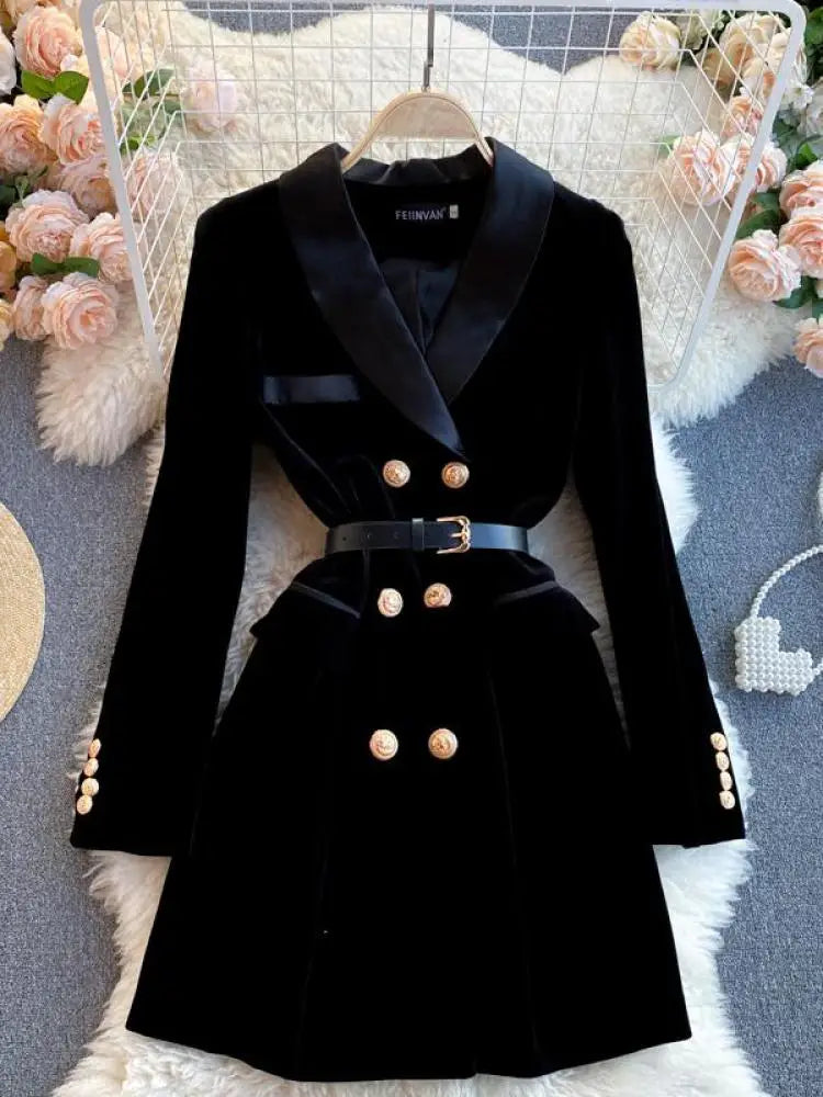 Women Black Velvet Work Style Blazer Short Dresses Autumn Winter Double Breasted Slim Long Sleeve Mini Dress Ladies Street Trend