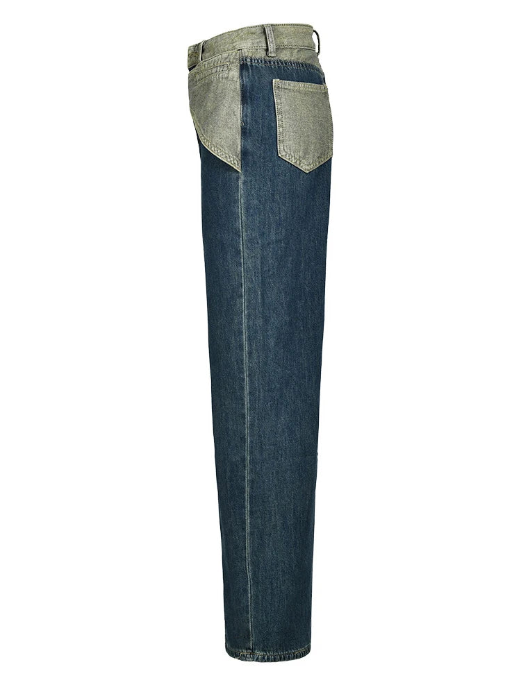 Colorblock Designer Denim Pants For Women High Waist Patchwork Button Straight Leg Jeans Female Fashion Clothing