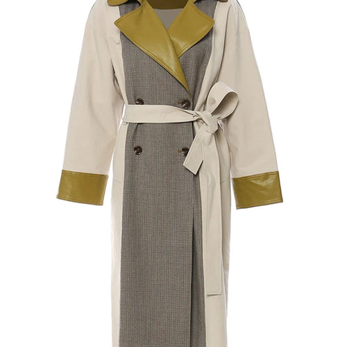 Load image into Gallery viewer, Women Champagne Leather Plaid Big Size Trench New Lapel Long Sleeve Windbreaker Fashion Tide Spring Autumn 2025 1DF0725
