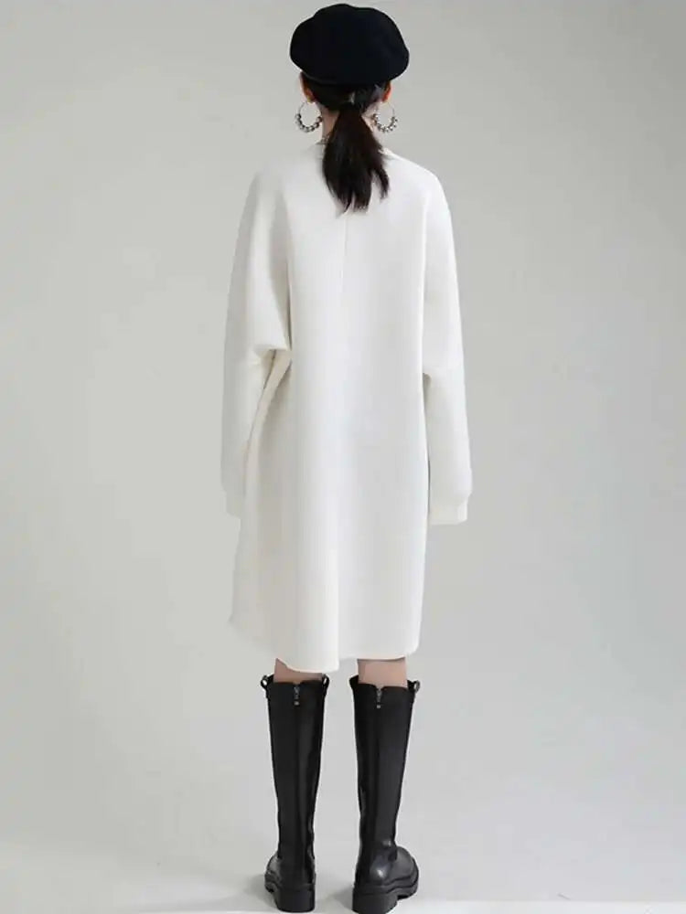 Women White Big Size Shaped Long Dress New Round Neck Long Sleeve Loose Fit Fashion Tide Spring Autumn 2025 1DE4098