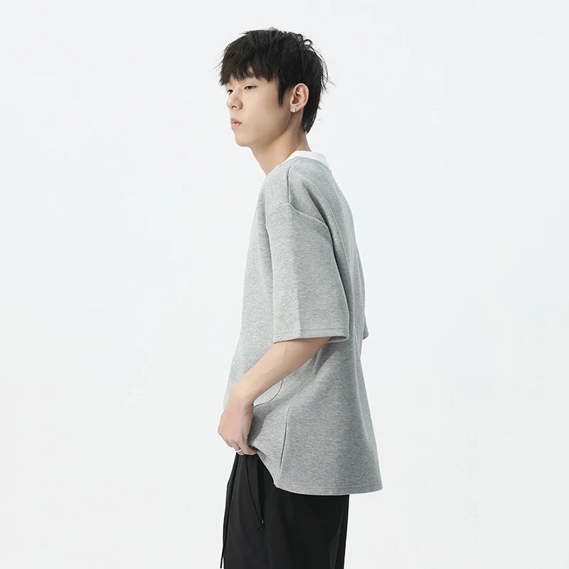 Korean Style T-shirt Fake Two Piece Contrast Color Simple V-neck Short Sleeve Casual Male Clothing Summer Simple 9C5433