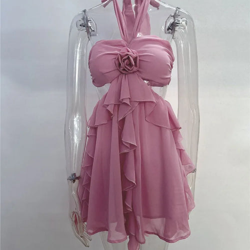 Load image into Gallery viewer, Rose Halter Backless Sexy Mini Dress Women Pink Off-shoulder Strapless Sleeveless High Waist Club Party Beach Dress
