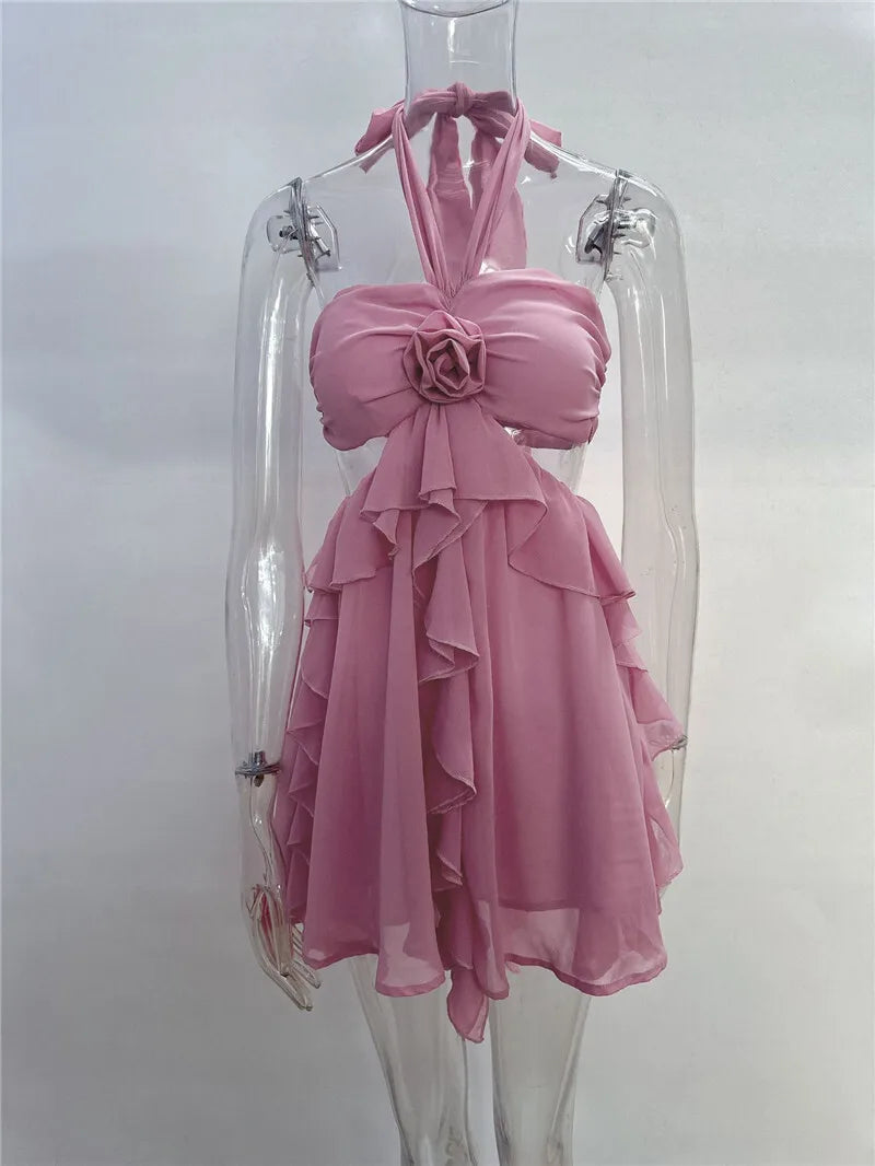 Rose Halter Backless Sexy Mini Dress Women Pink Off-shoulder Strapless Sleeveless High Waist Club Party Beach Dress