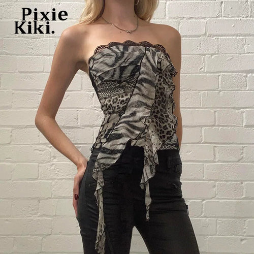 Load image into Gallery viewer, Leopard Print Ruffled Tube Top Y2k 2000s Fashion Sexy Backless Crop Tops Woman 2024 P84-BF10
