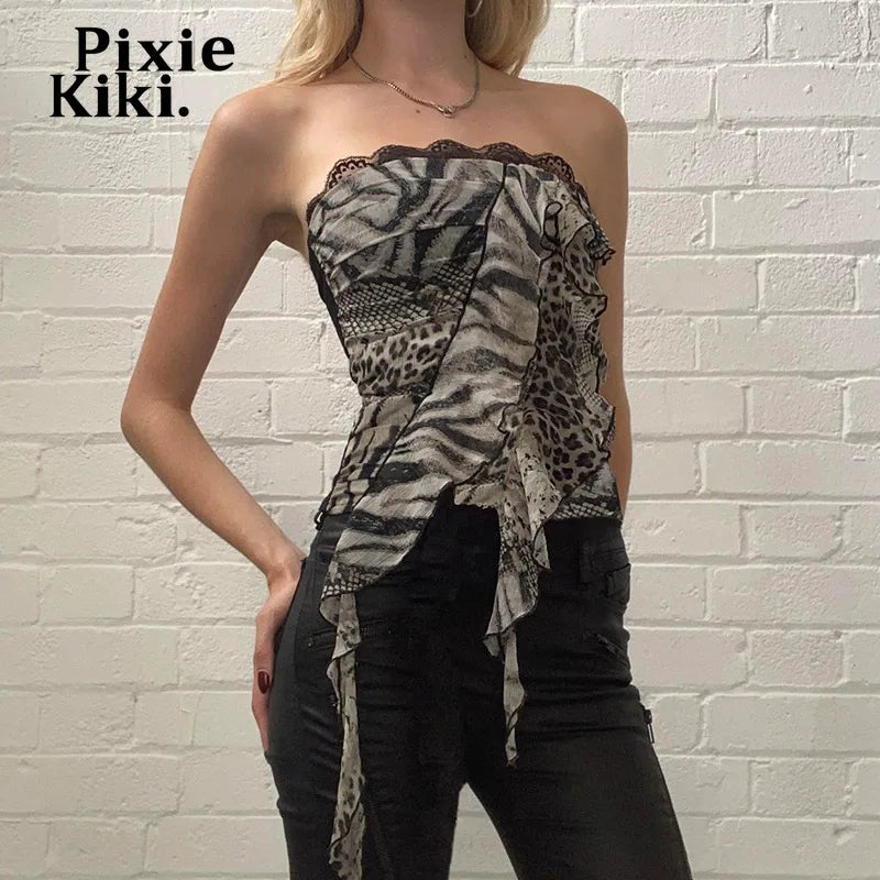 Leopard Print Ruffled Tube Top Y2k 2000s Fashion Sexy Backless Crop Tops Woman 2024 P84-BF10