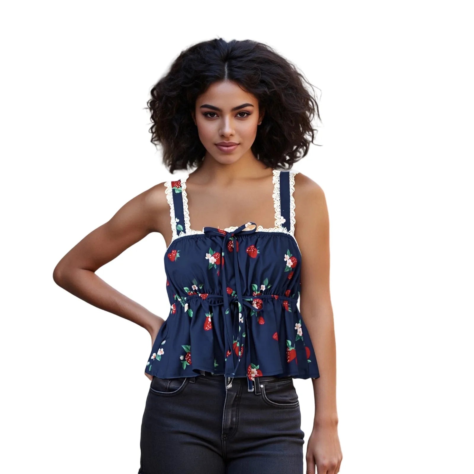 Strawberry Crop Top y2k Women Vest Lace Trim Tanks Tie-up Square Neck Sleeveless Open Back T Shirts 2000s Streetwear