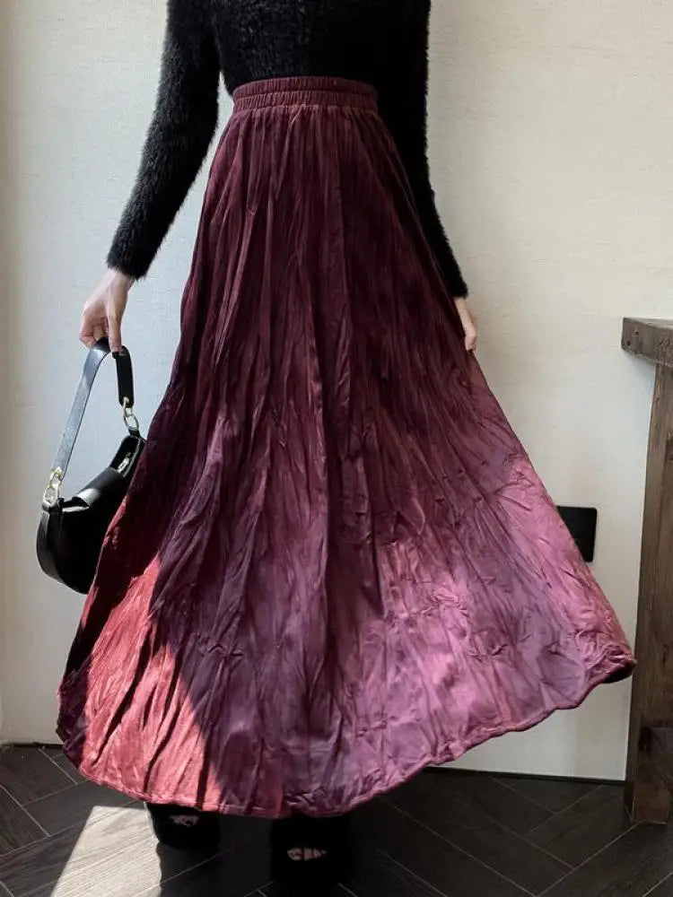 Autumn Winter Women's Black Red Elastic High Waist Velvet Skirt Korean Version Brown Elegant Vacation Party Pleated Long Skirts