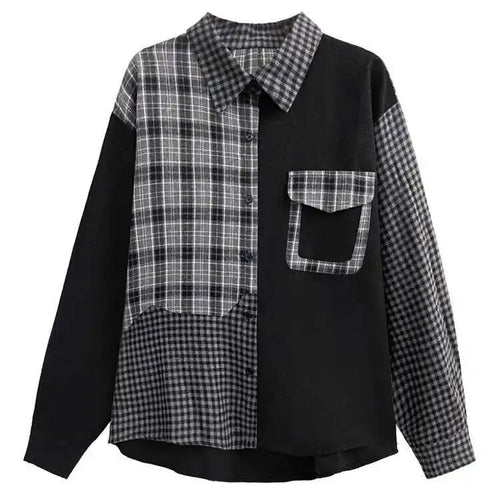 Load image into Gallery viewer, Women Color-block Black Plaid Big Size Blouse New Lapel Long Sleeve Loose Shirt Fashion Tide Spring Autumn 2025 1DH3220
