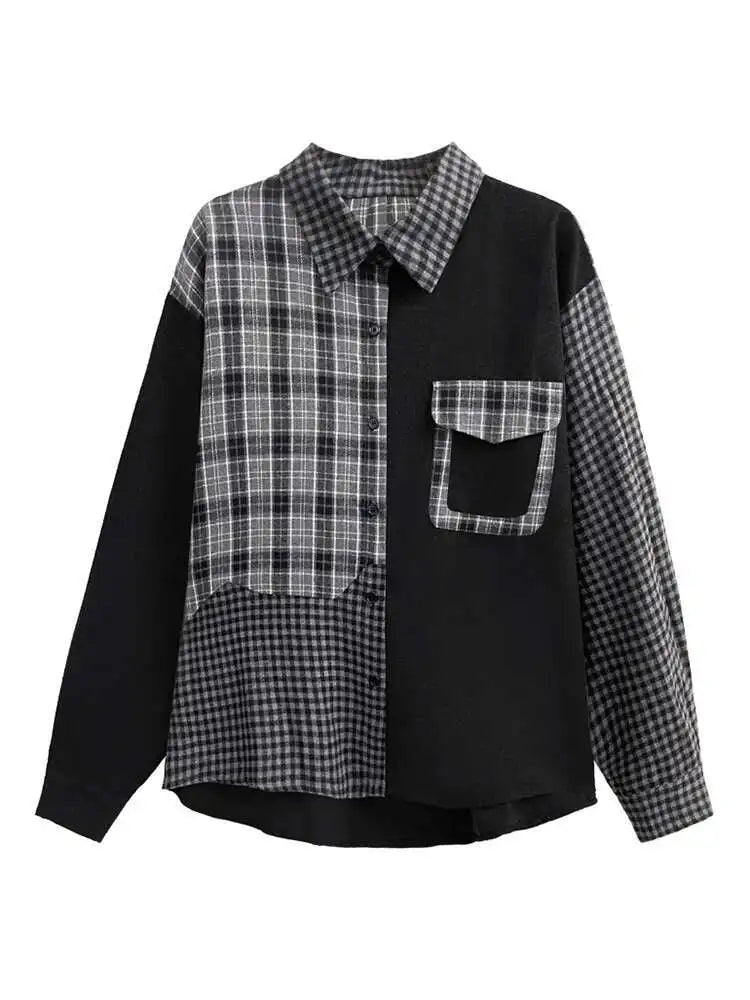 Women Color-block Black Plaid Big Size Blouse New Lapel Long Sleeve Loose Shirt Fashion Tide Spring Autumn 2025 1DH3220