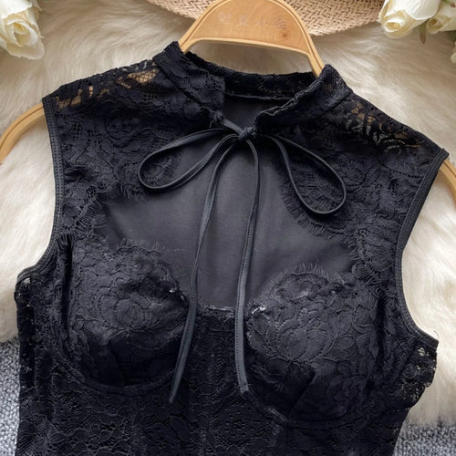 Load image into Gallery viewer, New Chinese Style Vintage Women Black Lace Elegant Sleeveless Tops Summer Sexy Club Vacation Asymmetric Bandage Vest Clothing
