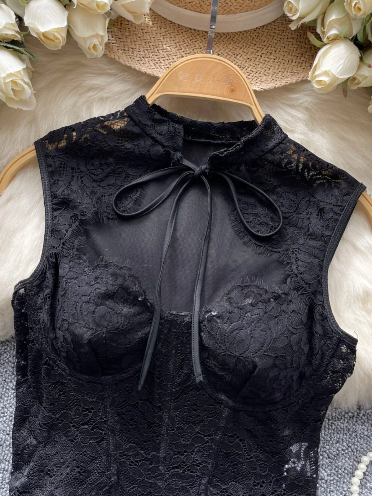 New Chinese Style Vintage Women Black Lace Elegant Sleeveless Tops Summer Sexy Club Vacation Asymmetric Bandage Vest Clothing