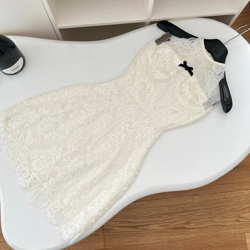 Load image into Gallery viewer, French Summer White Lace Sexy Backless Elegant Bow Evening Dress Women Sleeveless Halter Lace-up Vacation Party Gown Short Dress
