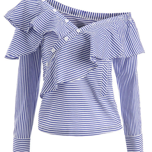 Load image into Gallery viewer, Striped Casual Shirt For Women V Neck Long Sleeve Patchwork Button Through Shirts Female Fashion Clothing
