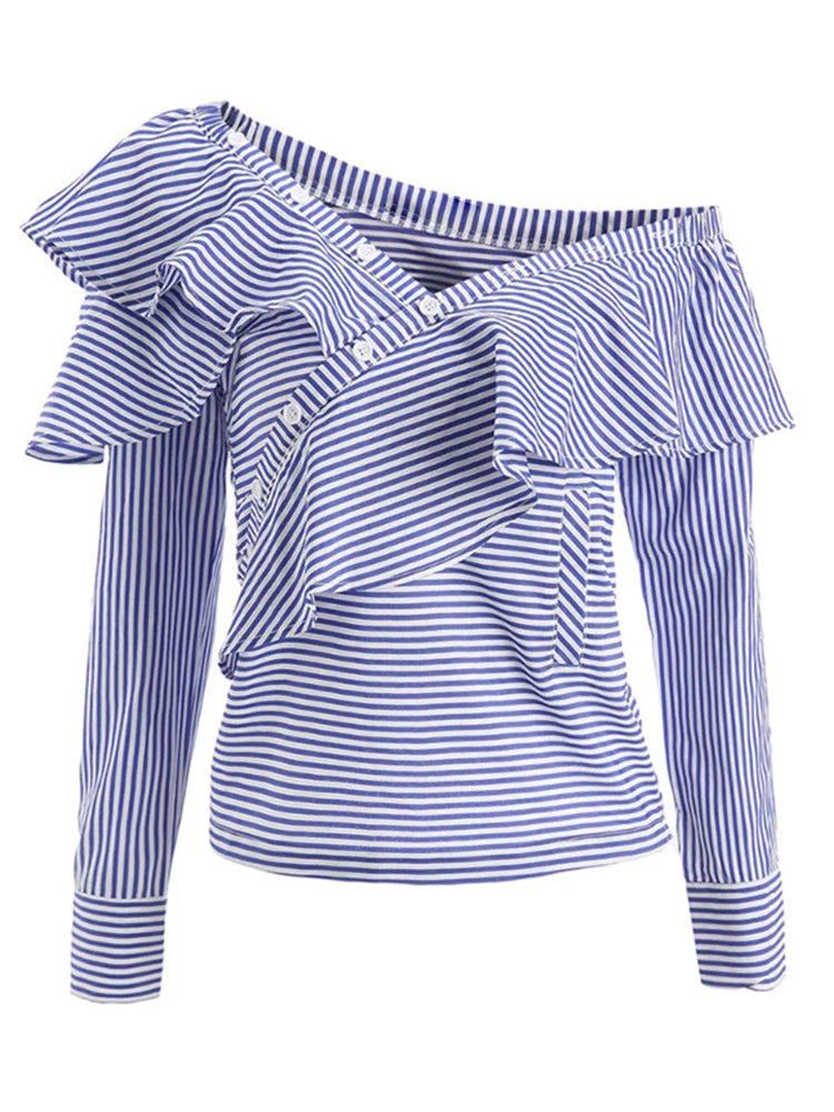 Striped Casual Shirt For Women V Neck Long Sleeve Patchwork Button Through Shirts Female Fashion Clothing