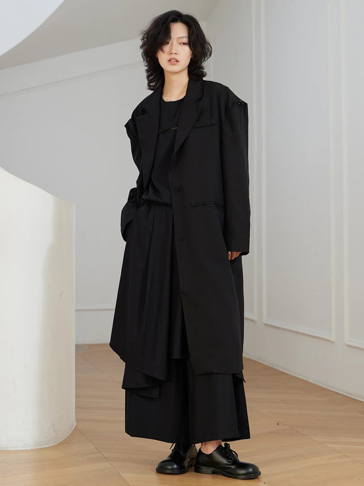 Women Black Big Size Long Casual Blazer New Lapel Long Sleeve Loose Fit Jacket Fashion Tide Spring Autumn 2025 1DH0063