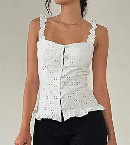 Y2K Aesthetics Hollow Out Lace Patchwork Camisole Women Summer Fold With Buttons Slimming Tops Cute Frill Trim Design