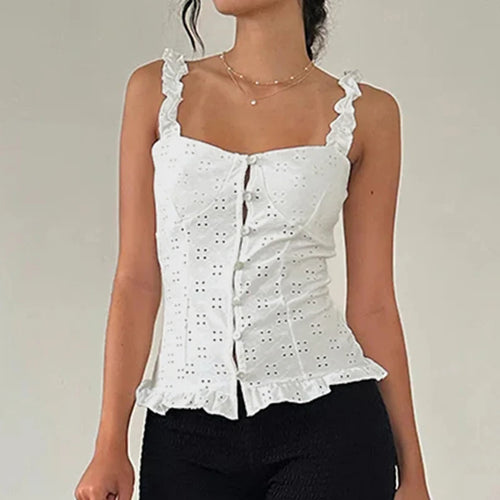 Load image into Gallery viewer, Y2K Aesthetics Hollow Out Lace Patchwork Camisole Women Summer Fold With Buttons Slimming Tops Cute Frill Trim Design

