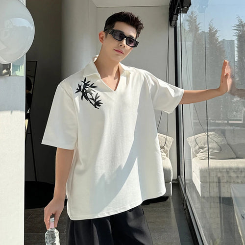 Load image into Gallery viewer, Male T-shirt Neckline Bamboo Print New Chinese Style Men&#39;s Fashion Trend Short Sleeve Loose Niche Design Top 9C5791
