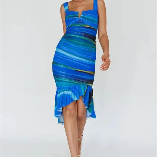 Load image into Gallery viewer, Striped Backless Ruched Midi Dress Women Two Layer Mesh Spaghetti Strap Sleeveless Bodycon Sexy Print Fishtail Dress
