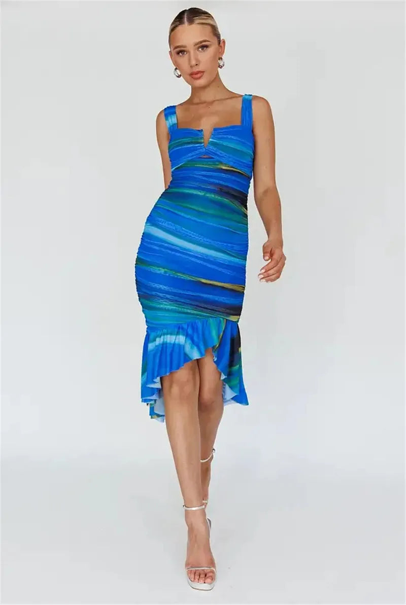 Striped Backless Ruched Midi Dress Women Two Layer Mesh Spaghetti Strap Sleeveless Bodycon Sexy Print Fishtail Dress