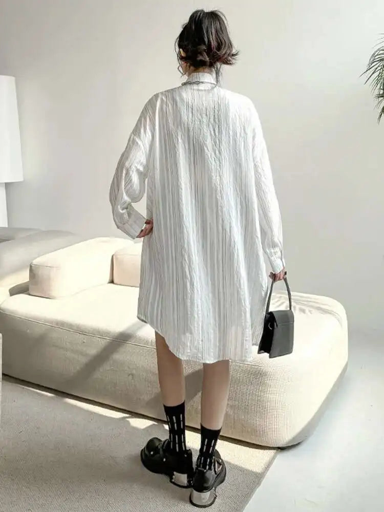 Women Black White Color-block Big Size Striped Shirt Dress New Lapel Long Sleeve Fashion Spring Autumn 2025 1DH4348