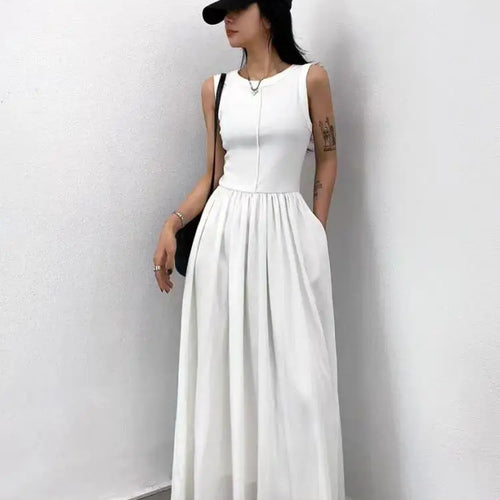 Load image into Gallery viewer, Summer Women White Casual High Waist Pleated Long Dress Lady Black Green Round Neck Sleeveless Sexy Slim Vest Dress Vestidos New
