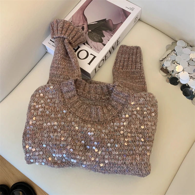 French Solid Sequins Knitted Sweater Women Autumn Winter 2023 New Fashion Long Sleeve O Neck Short Pullover Tops Casual Vintage