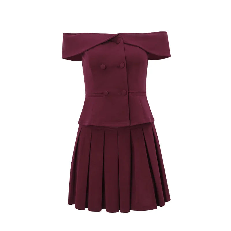 Sexy Skirt Two Piece Set Women Off-shoulder Tops And Pleated Mini Skirt Matching Sets Femme Fashion Two Piece Set
