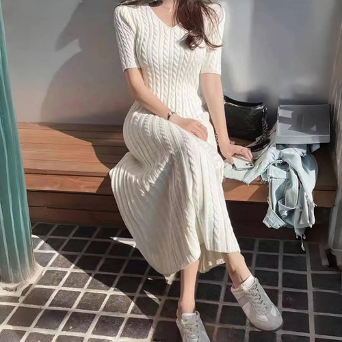 Load image into Gallery viewer, Summer Blue Pink Short Sleeve Twists Knitted Dress For Women White V Neck Slim Holiday Long Dress 2025 Simplicity Fashion Casual
