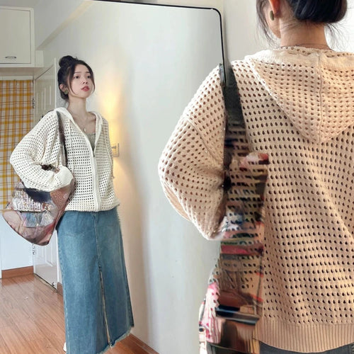Load image into Gallery viewer, 2025 Summer Y2k Aesthetic Women Cardigan Hollow Out Hooded Loose Knitted  Harajuku Casual Grunge Long Sleeve Zipper Tops
