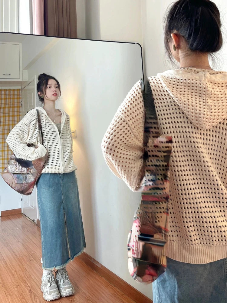 2025 Summer Y2k Aesthetic Women Cardigan Hollow Out Hooded Loose Knitted  Harajuku Casual Grunge Long Sleeve Zipper Tops