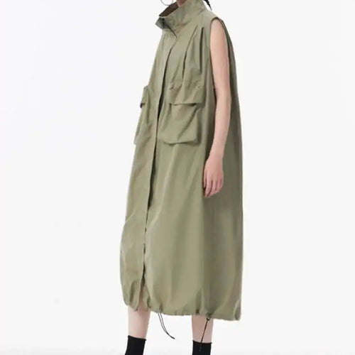 Load image into Gallery viewer, Women Green Pocket Hem Drawstring Big Size Vest Dress New Stand Collar Sleeveless Fashion Tide Spring Autumn 2025 1DJ0147
