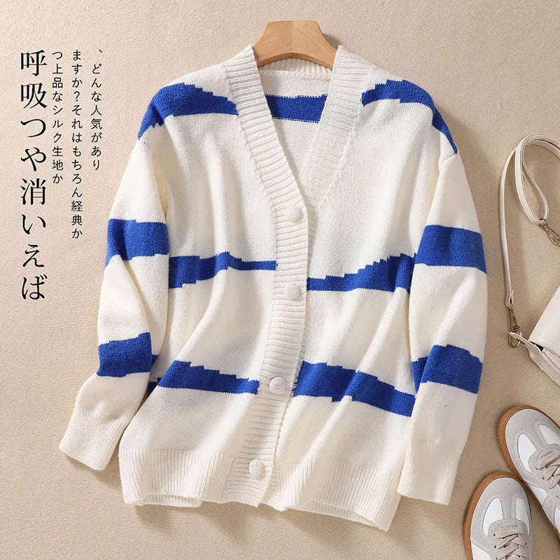 Women Blue White Striped Patchwork Knit Sweater Autumn Winter Long Sleeve Single Breasted Cardigan Korean Fashion Short Tops New