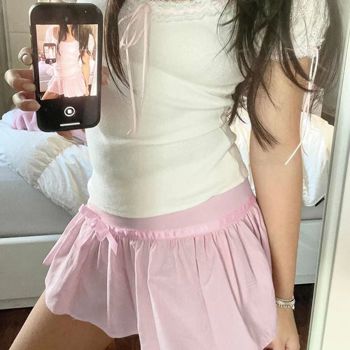 Load image into Gallery viewer, Hotsweet Pink Spliced Summer Mini Skirt Bow Korean Fashion Cute Folds A-Line Women Skirts Coquette Clothes Girls New
