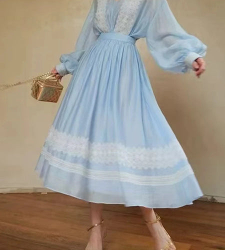 Hit Color Loose Two Piece Sets For Women V Neck Long Sleeve Top High Waist Temperament Skirts Female Fashion New