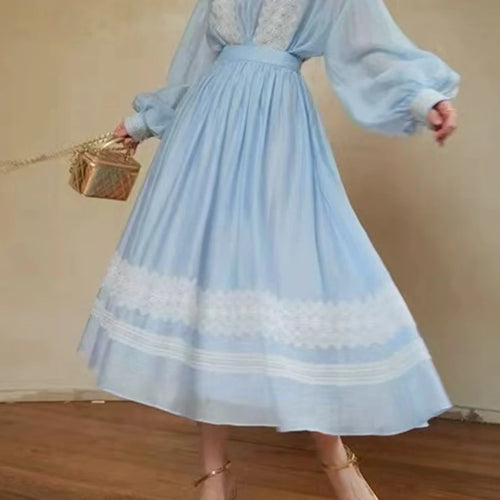 Load image into Gallery viewer, Hit Color Loose Two Piece Sets For Women V Neck Long Sleeve Top High Waist Temperament Skirts Female Fashion New
