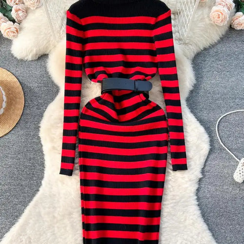 Load image into Gallery viewer, Autumn Winter Patchwork Stripe Knit Long Dress Female Fashion Medium Length High Neck Warm Loose Slim Sweater Dress Women French
