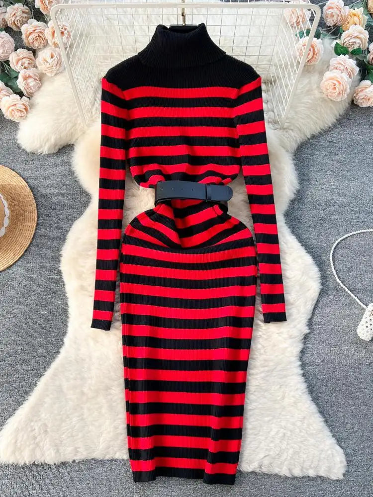 Autumn Winter Patchwork Stripe Knit Long Dress Female Fashion Medium Length High Neck Warm Loose Slim Sweater Dress Women French