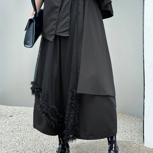 Load image into Gallery viewer, Big Size Black Irregular Shirt Mesh Pants Two Piece Suit New Lapel Short Sleeve Women Fashion Spring Summer 2025 1DJ1371
